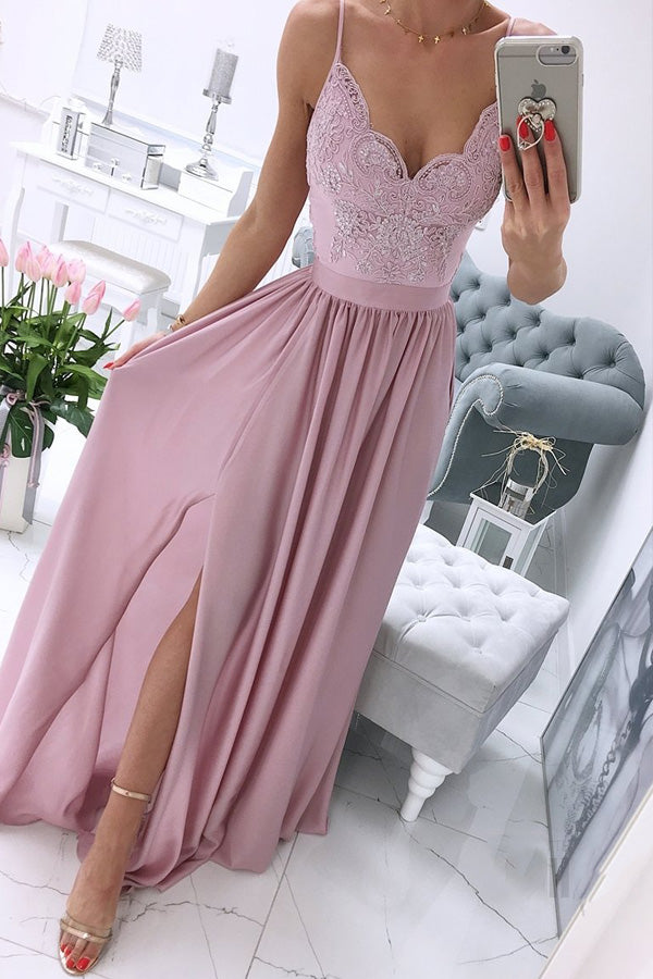 Spaghetti Straps Chiffon Long Prom Dress With Lace Appliques