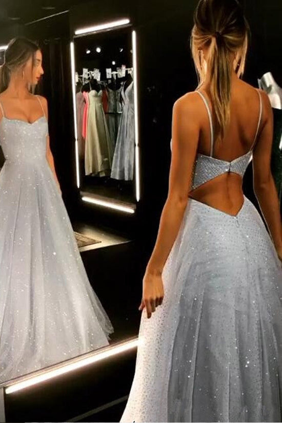 Spaghetti Straps Ice Blue Sequin Long Prom Dress Open Back Evening Gown