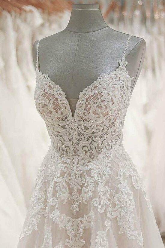 Spaghetti Straps Ivory Tulle Lace Top Wedding Dress Open Back Bridal Gown WW257
