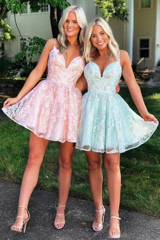 Spaghetti Straps Lace Appliques Short Prom Dress Homecoming Dress