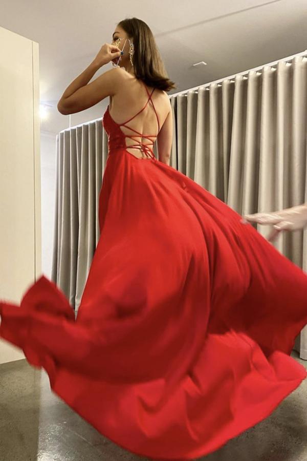 Spaghetti Straps Red Chiffon Long Prom Dress With Slit