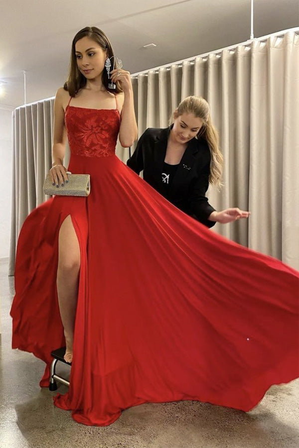 Spaghetti Straps Red Chiffon Long Prom Dress With Slit