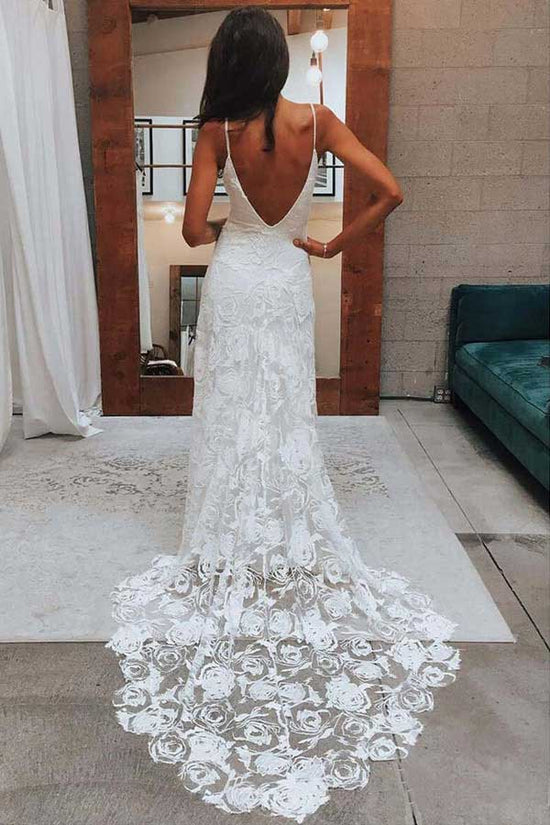 Spaghetti Straps Rose Lace Beach Wedding Dress