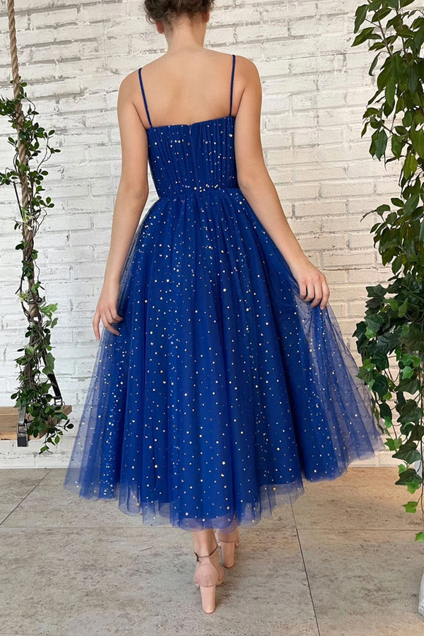 Spaghetti Straps Sweetheart Tea Length Blue Prom Dresses With Sequins