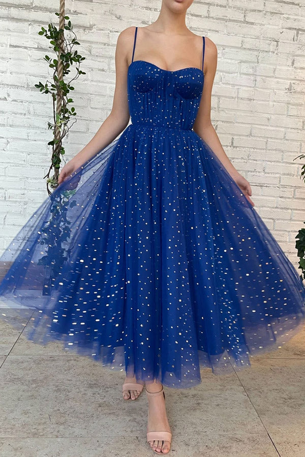 Spaghetti Straps Sweetheart Tea Length Blue Prom Dresses With Sequins