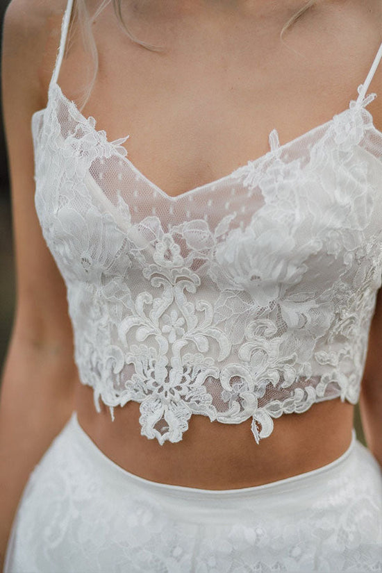 Spaghetti Straps Two Piece White Lace Wedding Elegant Bridal Gown