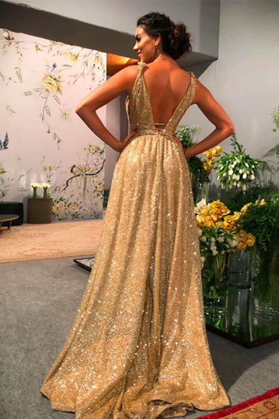 Sparkly A Line Gold Sequin Prom Dress Charming Evening Dress