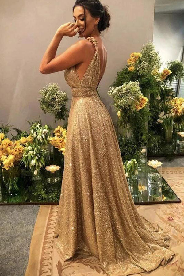 Sparkly A Line Gold Sequin Prom Dress Charming Evening Dress