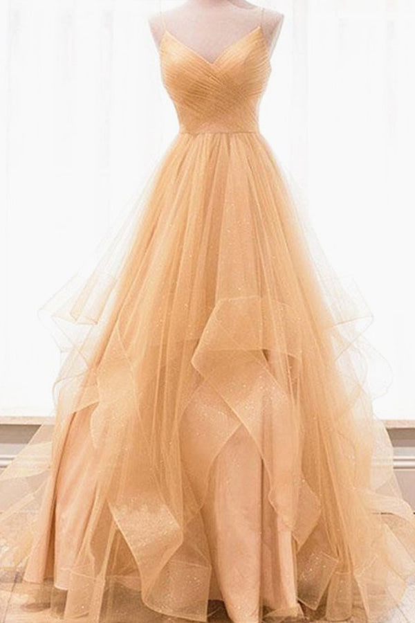 Sparkly A Line Spaghetti Straps Multi-layered Tulle Prom Dress