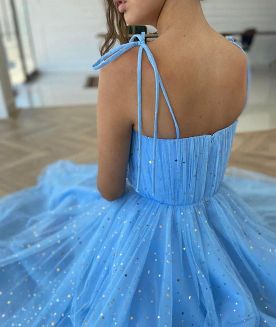Sparkly A-line Tea Length Blue Tulle Prom Dress Graduation Dress