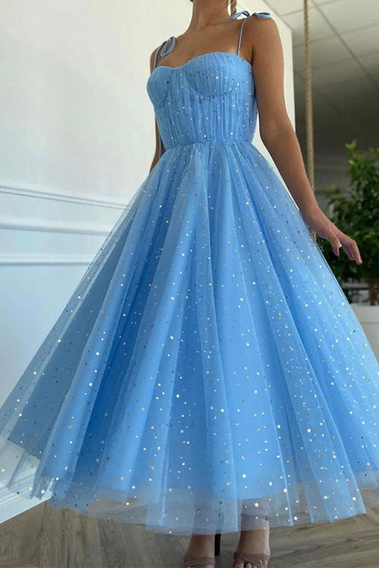 Sparkly A-line Tea Length Blue Tulle Prom Dress Graduation Dress