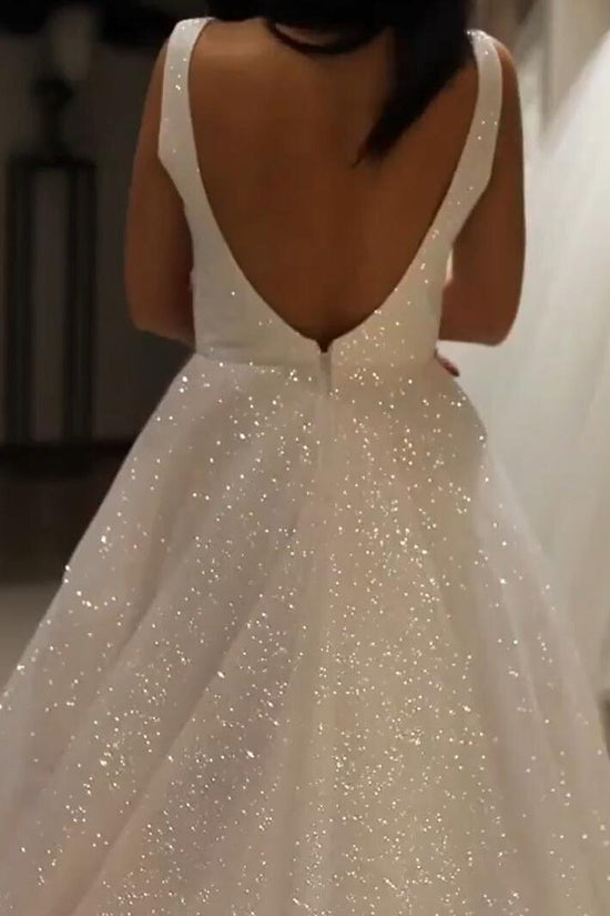 Sparkly A Line V Neck Wedding Dress Backless Prom Dress