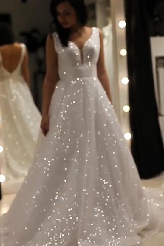 Sparkly A Line V Neck Wedding Dress Backless Prom Dress