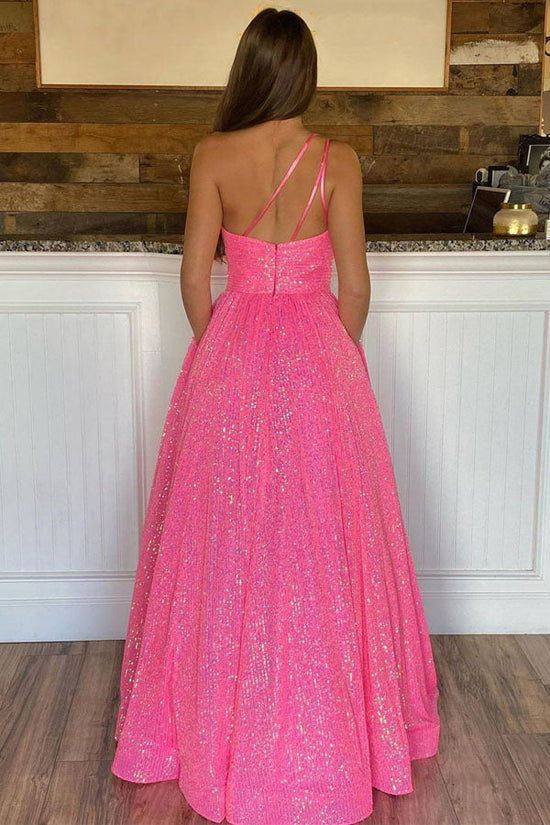Sparkly Hot Pink One Shoulder Long Prom Dress Evening Dress