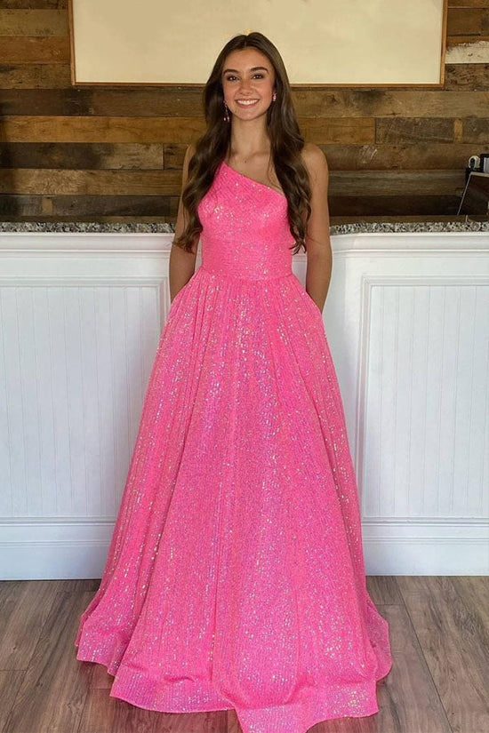 Sparkly Hot Pink One Shoulder Long Prom Dress Evening Dress