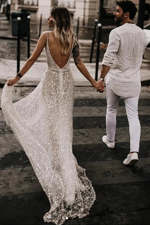 Sparkly Illusion Neck Lace Wedding Dress Backless Bridal Gown