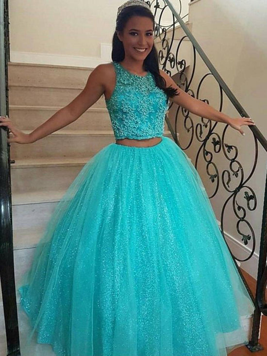 y Round Neck Two Pieces Lace Beading Long Prom Dresses, Two Pieces Lace Ball Gown, Formal Dresses