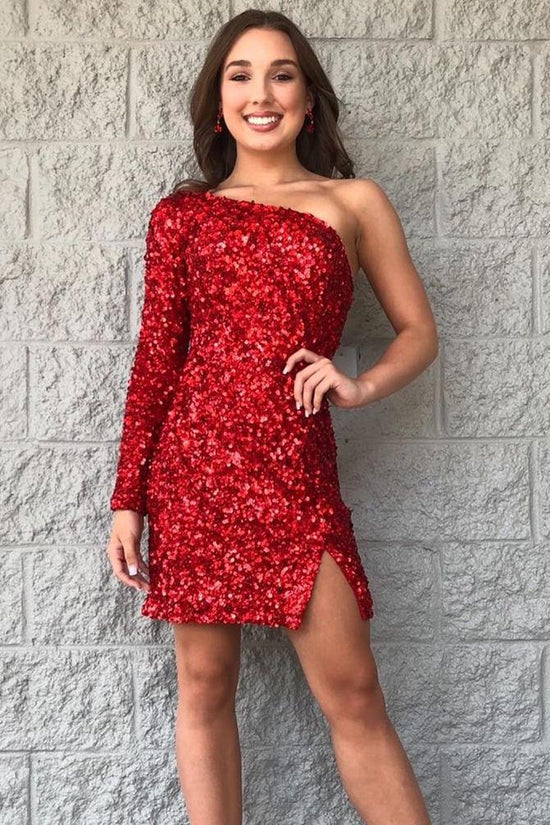 Sparkly Sequins Tight Homecoming Dress One Sleeve Short Prom Dress