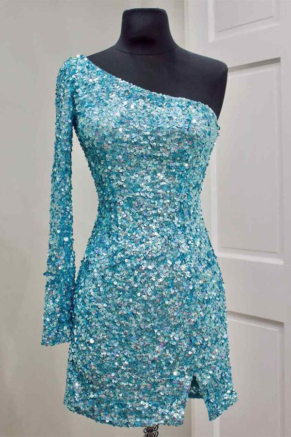 Sparkly Sequins Tight Homecoming Dress One Sleeve Short Prom Dress