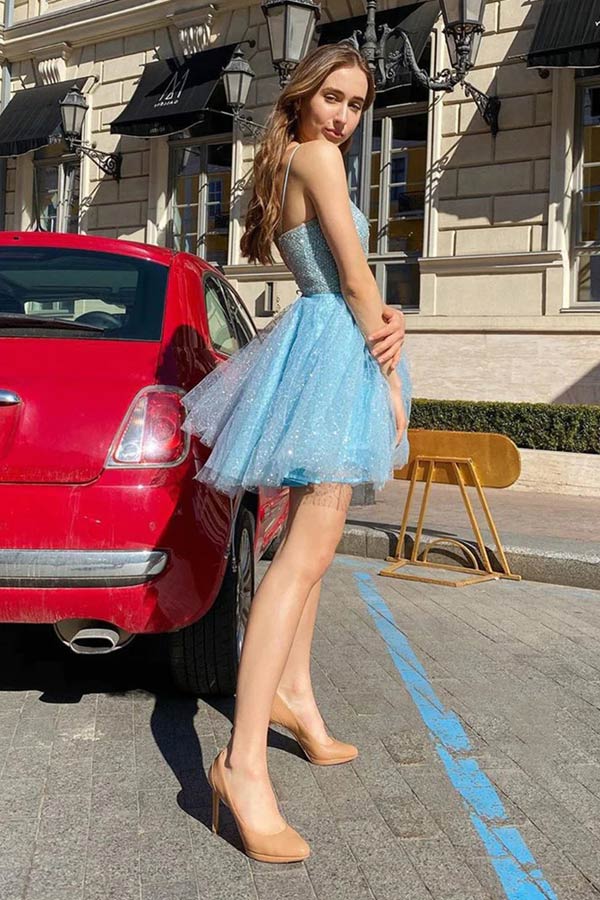 Sparkly Sky Blue Sequins Tulle Homecoming Dresses