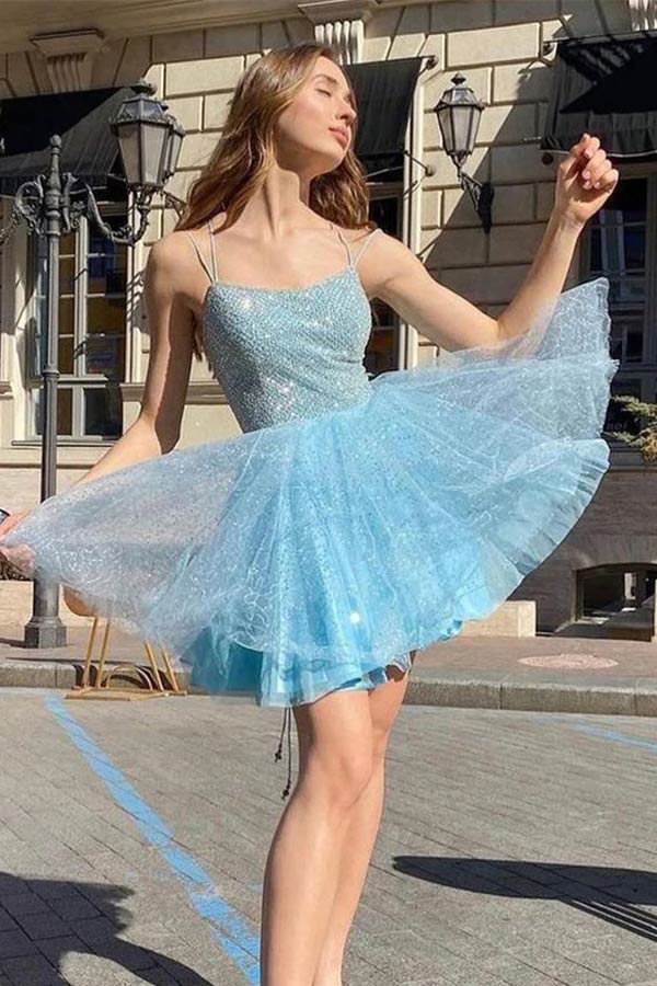 Sparkly Sky Blue Sequins Tulle Homecoming Dresses
