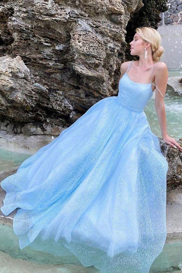 Sparkly Sky Blue Tulle Sequins Long Prom Dresses Straps Evening Dresses