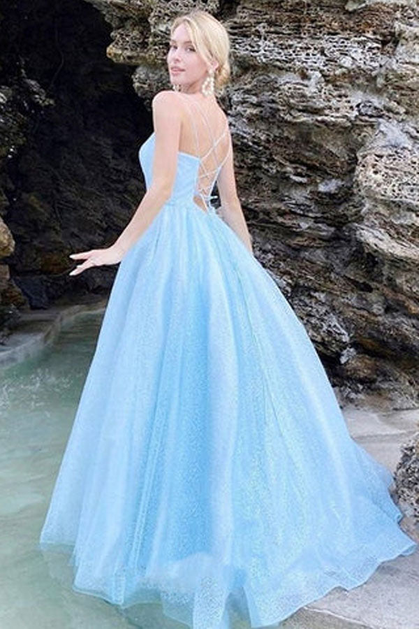 Sparkly Sky Blue Tulle Sequins Long Prom Dresses Straps Evening Dresses