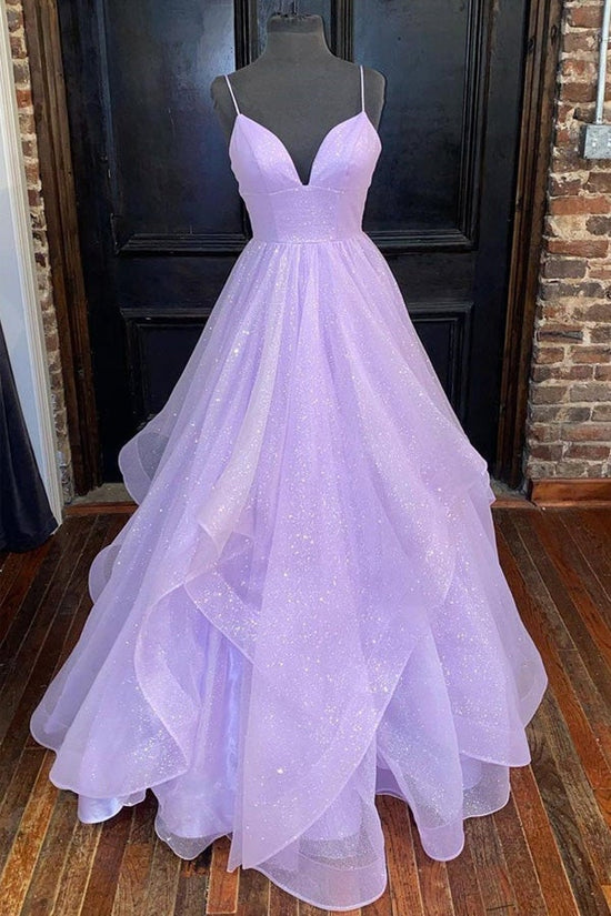 Sparkly Spaghetti Straps Lavender Tulle Long Prom Dress