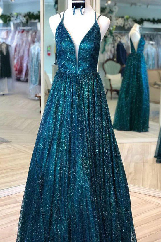Load image into Gallery viewer, Sparkly Teal Sequins Long Prom Dress Backless Evening Dress
