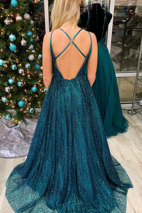 Load image into Gallery viewer, Sparkly Teal Sequins Long Prom Dress Backless Evening Dress
