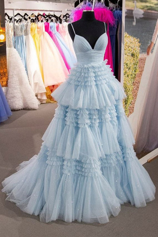 Sparkly Tulle Ball Gown Side Slit Layered Long Prom Dress
