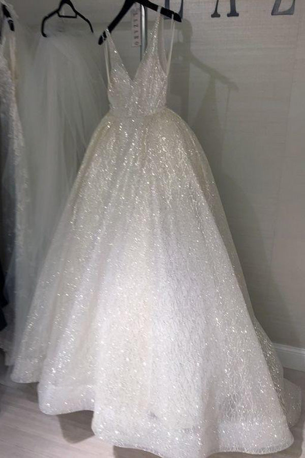 Sparkly Tulle V Neck  Long Prom Dress Backless Wedding Dress