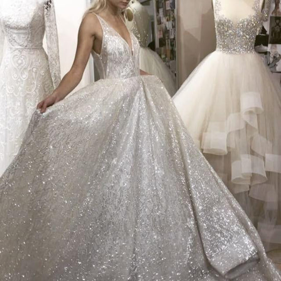 Sparkly Tulle V Neck  Long Prom Dress Backless Wedding Dress