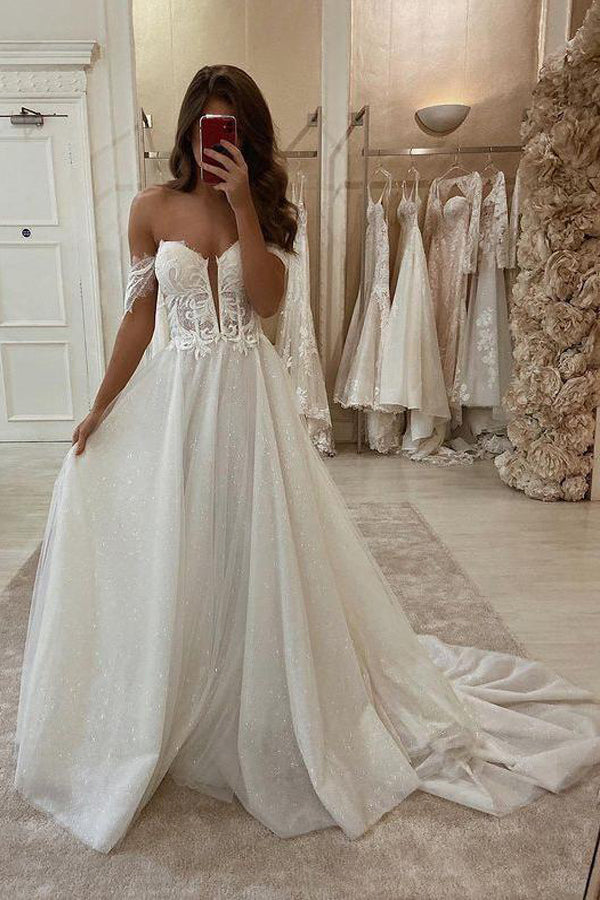 Sparkly Vintage Off The Shoulder Lace Wedding Dress