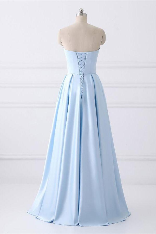 Strapless A Line Satin Long Prom Dress With Pocket