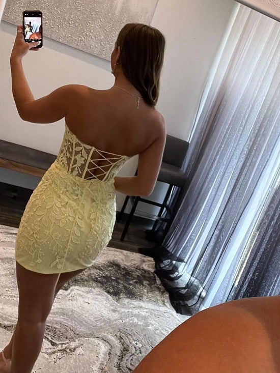 Strapless Beaded Short Yellow Lace Prom Dresses, Yellow Lace Homecoming Dresses, Mermaid Yellow Formal Evening Dresses 
