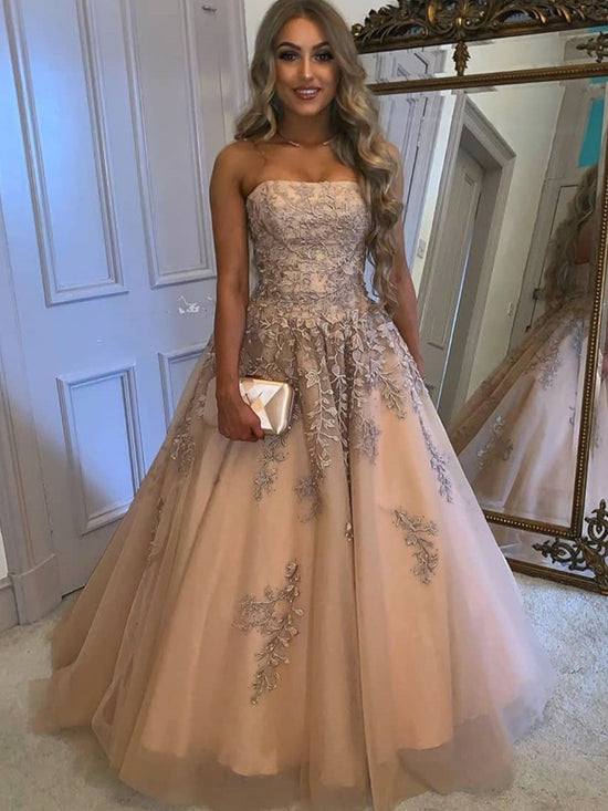 Strapless Champagne Tulle Lace Long Prom Dresses with Appliques, Champagne Lace Formal Graduation Evening Dresses 