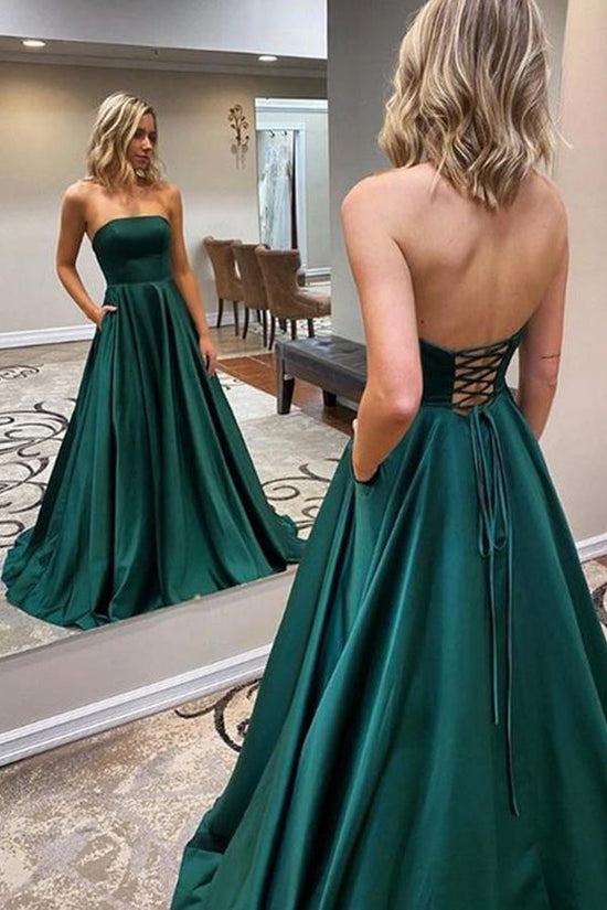 Elegant Strapless Emerald Green Satin Prom Dress With Pocket