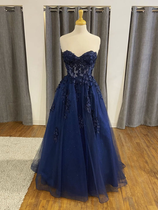 Strapless Open Back Navy Blue Lace Beaded Long Prom Dresses, Navy Blue Lace Formal Graduation Evening Dresses 