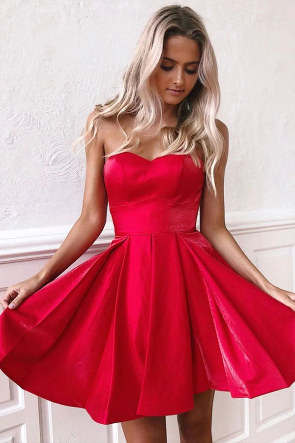 Strapless Red Satin Simple Homecoming Dress With Ruffles WD188