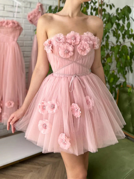 Strapless Short Pink Tulle Prom Dresses with 3D Flowers, Pink Floral Homecoming Dresses, Short Pink Formal Evening Dresses 