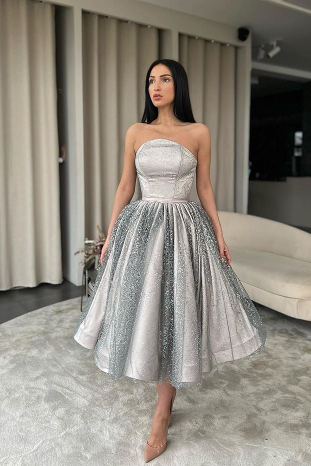 Strapless Silver A-Line Short Prom Dress With Sequins