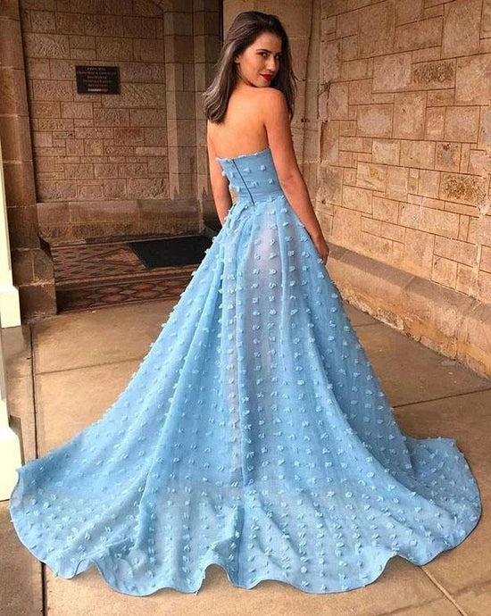 Strapless Sky Blue Lace Long Prom Dress Split Evening Dress