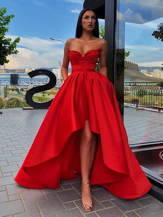 Strapless Sweetheart Neck High Low Red Long Prom Dresses, High Low Red Formal Dresses, Red Strapless Evening Dresses