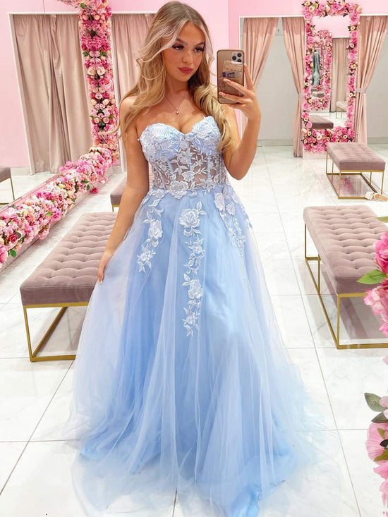 Strapless Sweetheart Neck Lace Appliques BLue Long Prom Dresses, Blue Tulle Formal Dresses with Lace Appliques, Blue Evening Dresses 