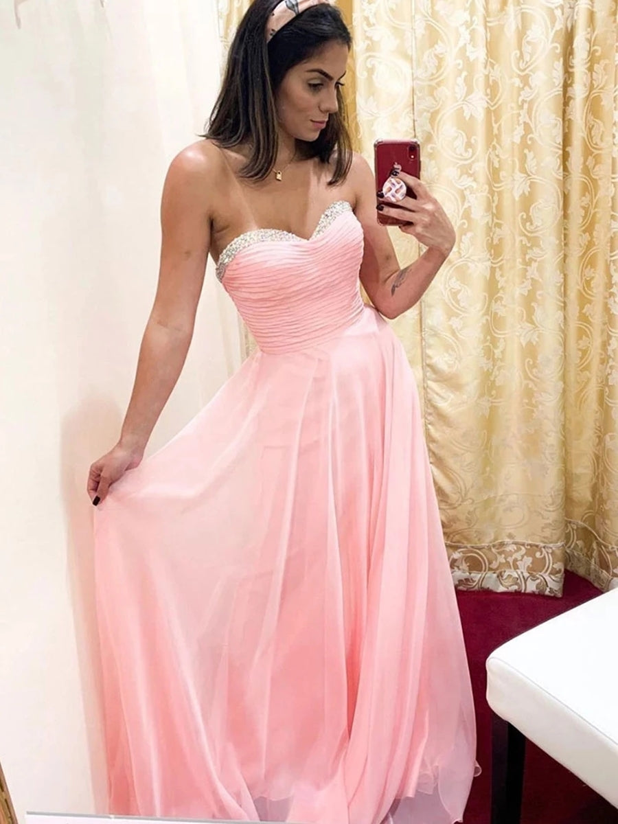 Strapless Sweetheart Neck Pink Chiffon Long Prom Dresses with Beading, Strapless Pink Formal Graduation Evening Dresses