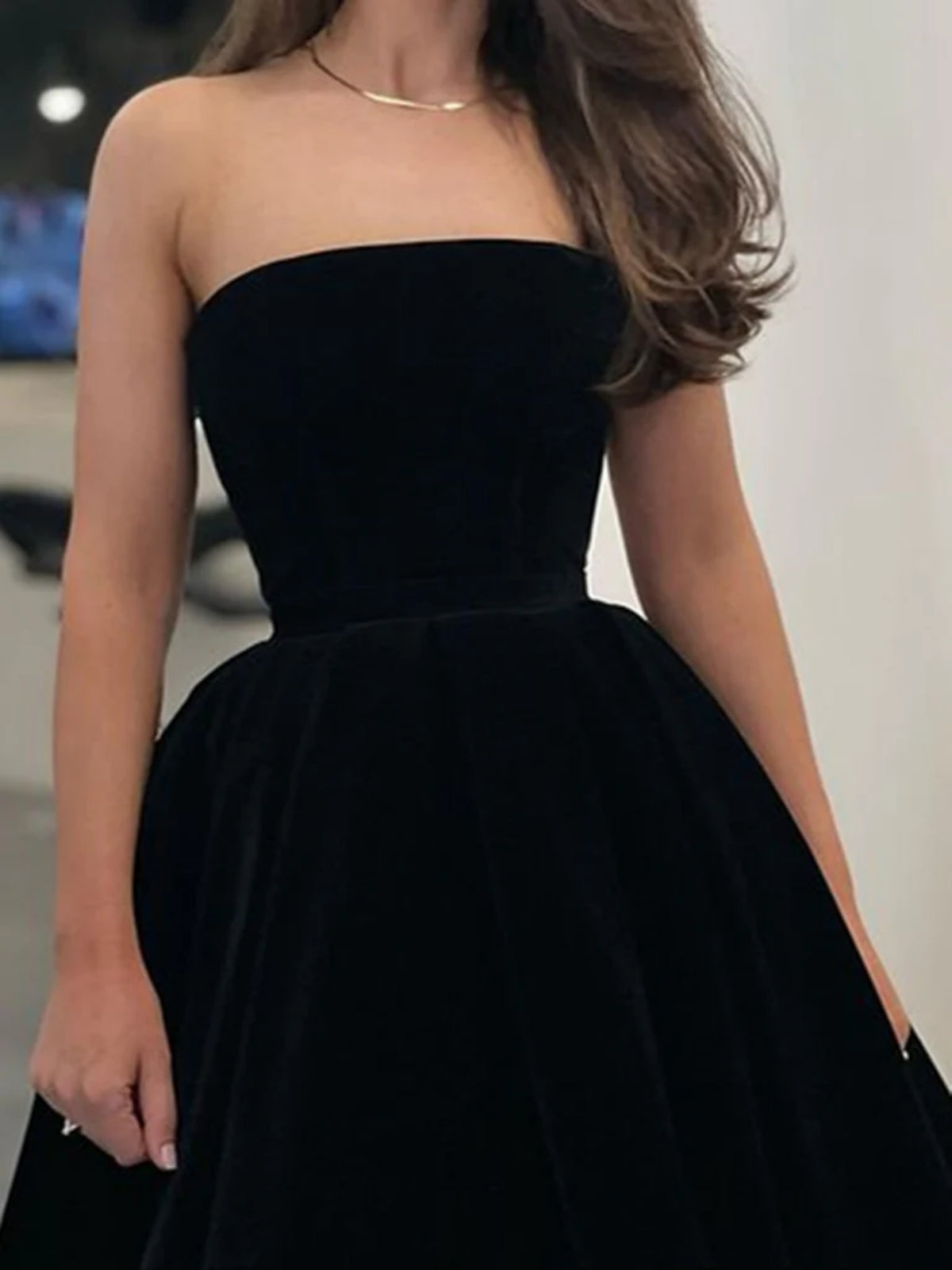 Strapless Tea Length Black Velvet Prom Dresses, Black Velvet Homecoming Dresses, Black Formal Evening Dresses 