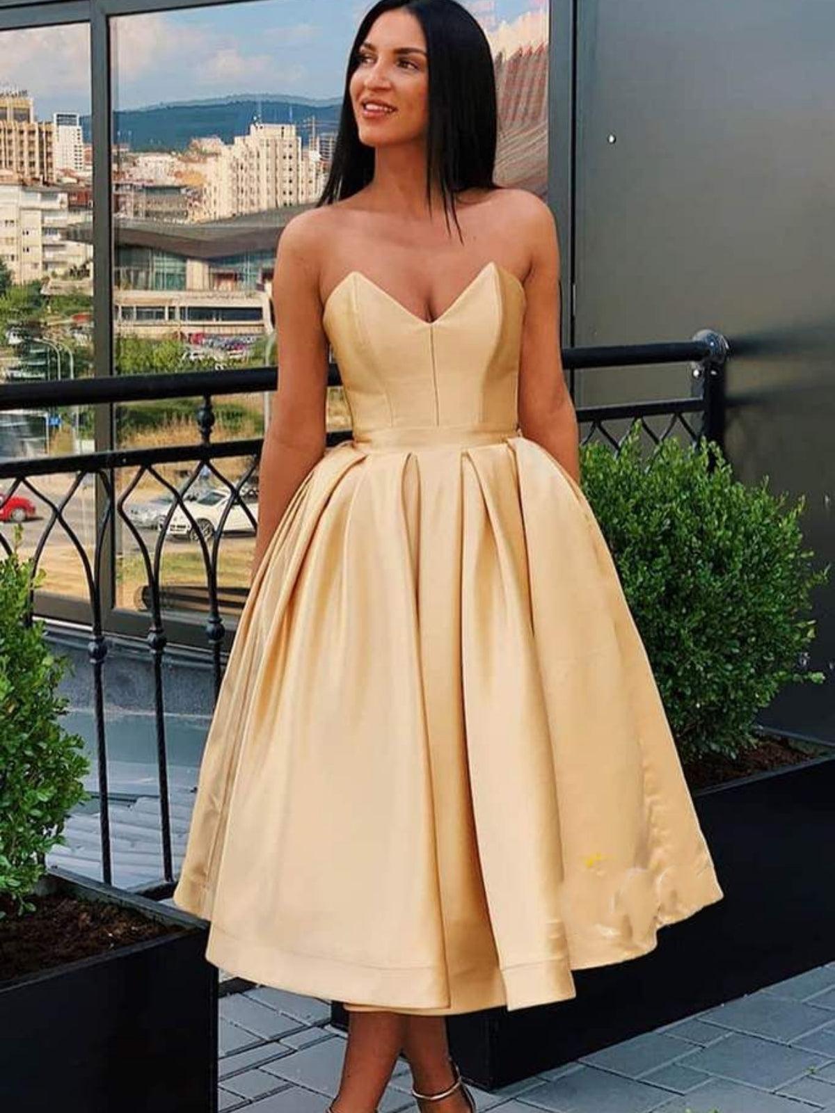Strapless Tea Length Pink/Champagne Prom Homecoming Dresses, Pink/Champagne Formal Graduation Evening Dresses 