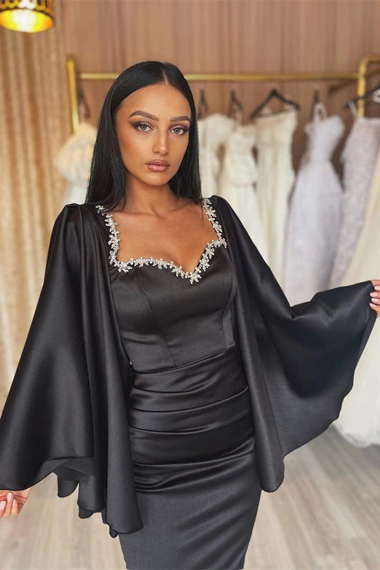Stunning Black Evening Dress Prom Dress with Long Sleeves and Applique Pleated