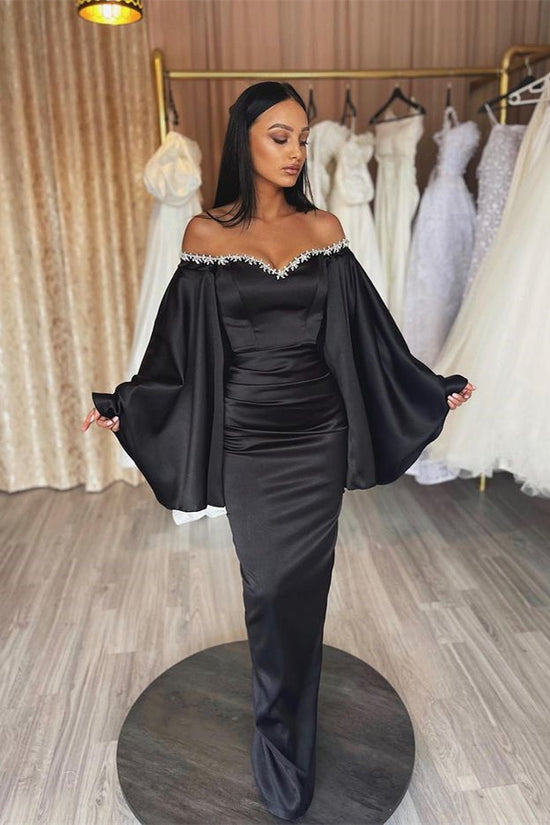 Stunning Black Evening Dress Prom Dress with Long Sleeves and Applique Pleated